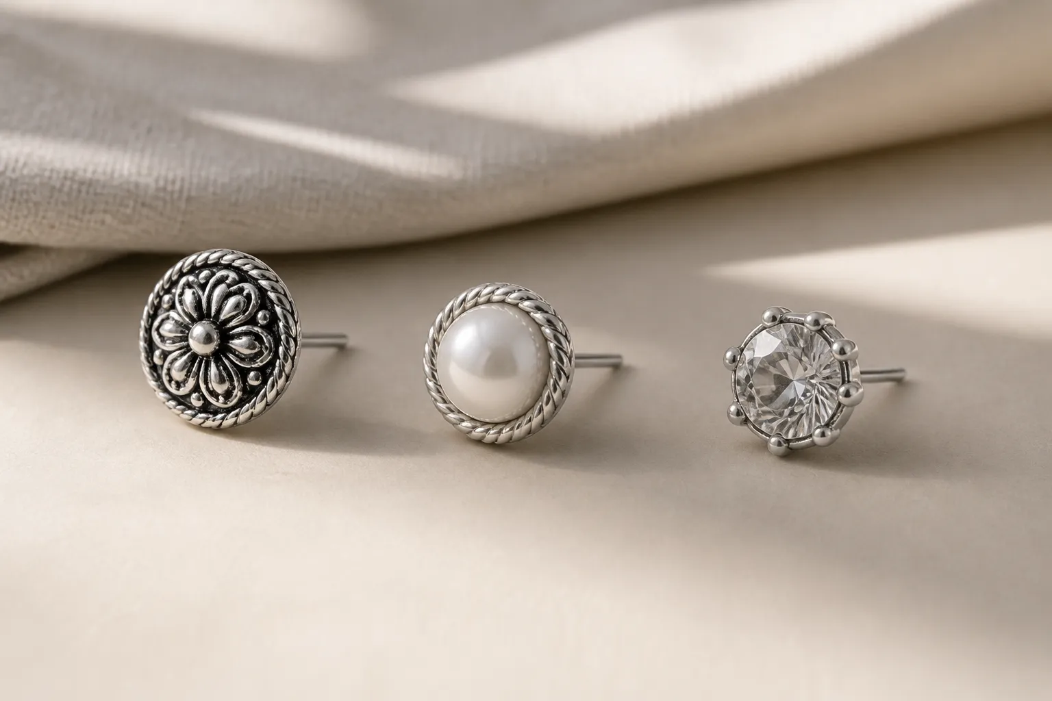 ohrstecker silber - Editorial-Foto einer stilisierten Produktpräsentation mit verschiedenen Ohrstecker-Alternativen (Vintage, Pearl, Rhinestone) auf neutralem Hintergrund, um die Bandbreite verfügbarer Silber-Finishes für Katalogentscheidungen zu visualisieren