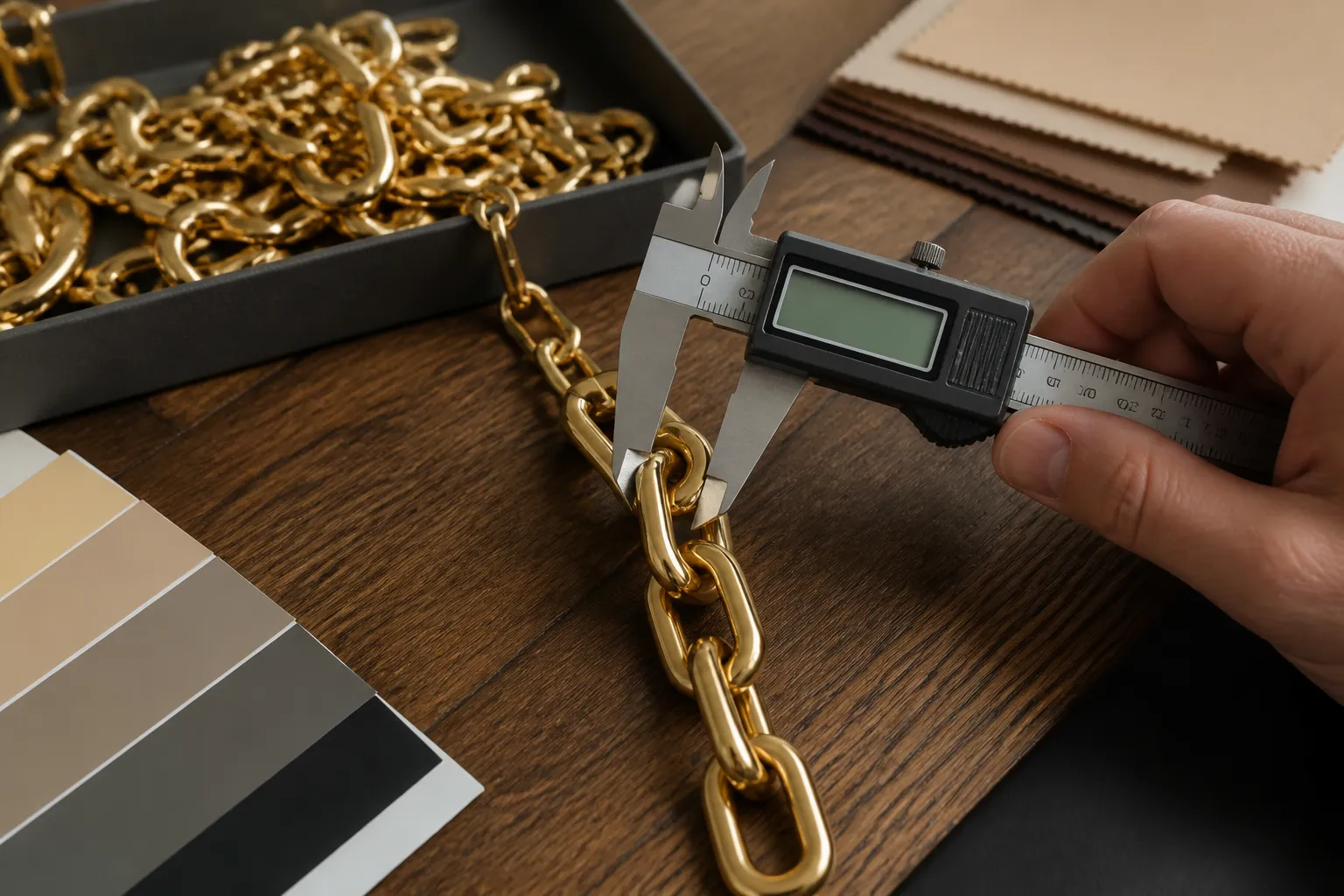chain fashion belt - Editorial conceptual photo of a sourcing workspace showing a digital caliper measuring chain link thickness, a Pantone gold tone reference card, and a sample chain belt laid out on a wooden desk with natural side lighting, authentic procurement environment