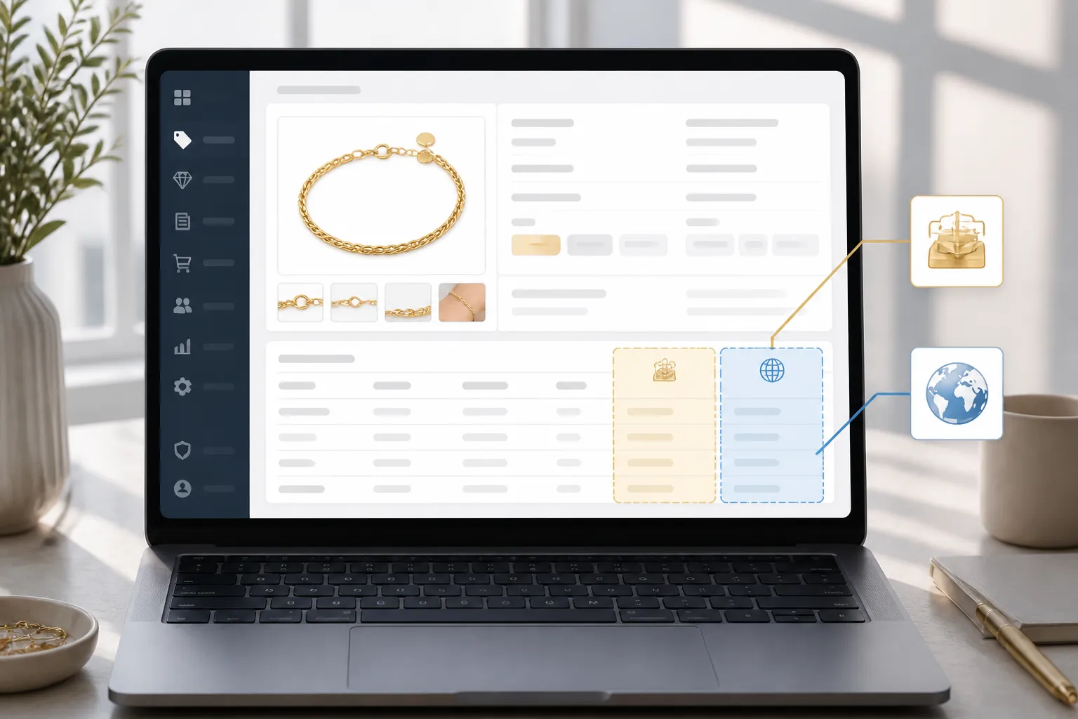 wholesale bracelets - Annotated UI mockup of a wholesale jewelry supplier portal on laptop screen, showing product specification table with plating microns and gemstone origin fields highlighted, clean interface with sidebar navigation, soft daylight reflection
