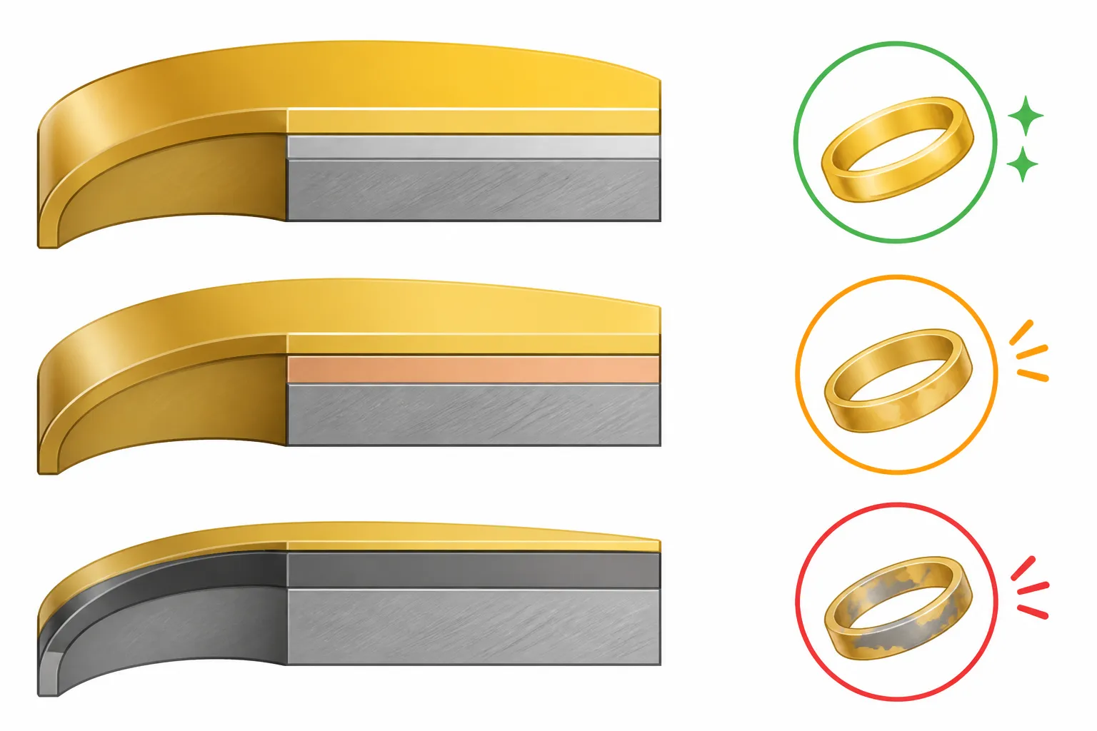 must have brand jewelry - Clean flat-design infographic comparing three tiers of jewelry plating durability, showing cross-sections of base metal, barrier layer, and gold/silver coating with distinct color zones, simple icons indicating humidity resistance and wear lifespan, white background