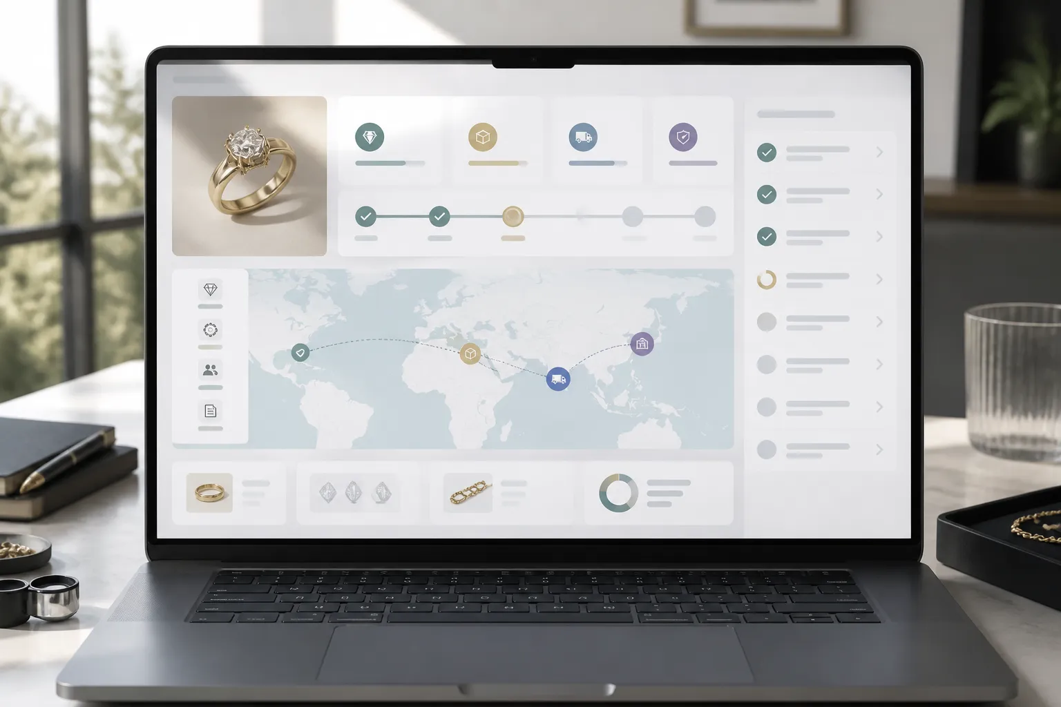 must have brand jewelry - Annotated UI mockup of a B2B jewelry sourcing dashboard on laptop screen, displaying order timeline with production milestones, shipment tracking map, and document checklist sidebar, soft office daylight reflection, clean interface design