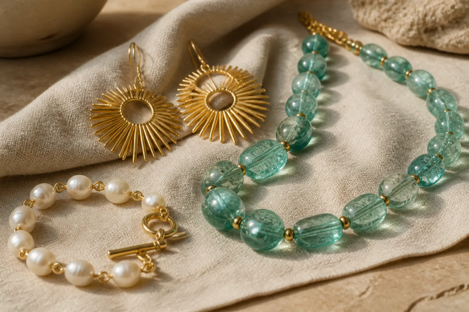 must have brand jewelry - Editorial conceptual photo of a curated jewelry display tray with gold-tone sunburst earrings, turquoise glass necklace, and pearl bracelet arranged on textured linen fabric, warm natural side lighting casting soft shadows, minimalist composition emphasizing craftsmanship details