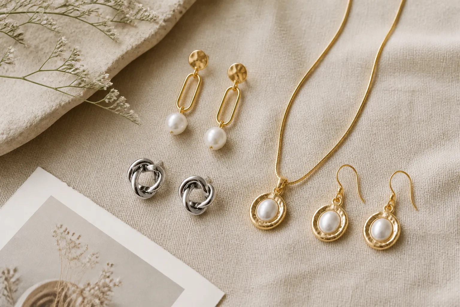custom jewelry - Editorial flat-lay photo showing a curated arrangement of drop earrings, stud earrings, and a coordinated necklace-and-earring set in gold-plated and rhodium-plated finishes, styled on a neutral linen surface with a spec card visible in the corner — representing the range of OEM styles available from a Hangzhou-based manufacturer.