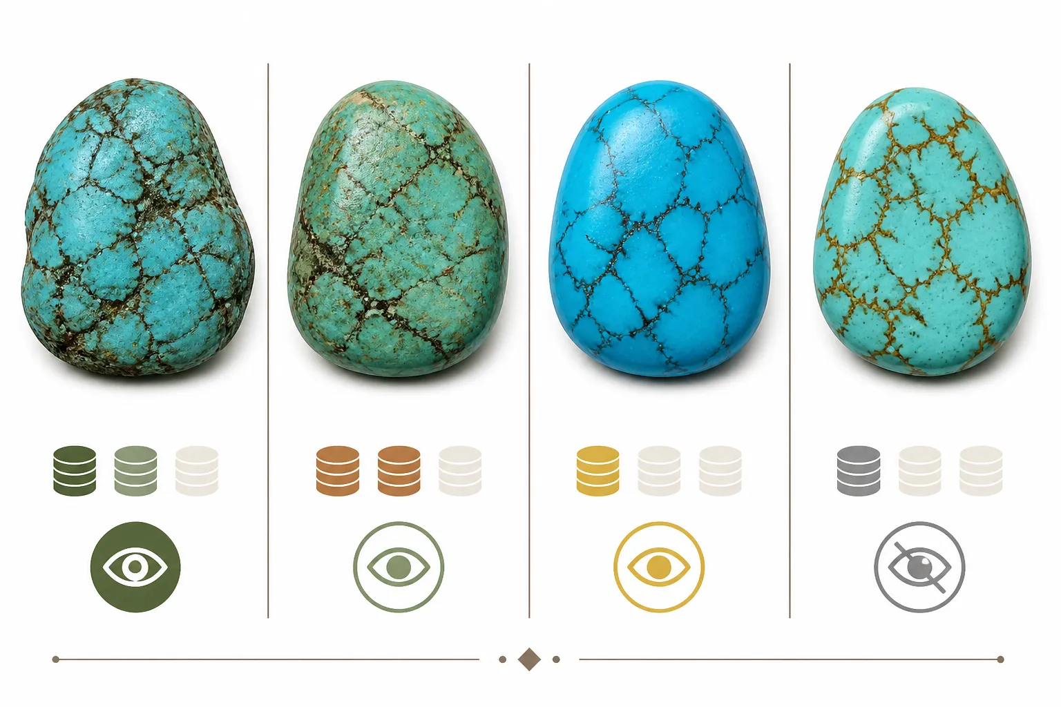 piedra turquesa - Diagrama comparativo anotado de los cuatro tipos de turquesa (natural, estabilizada, tratada con color e imitación) con ejemplos visuales de la veta y el color característico de cada categoría, junto con indicadores de precio relativo y nivel de declaración requerido