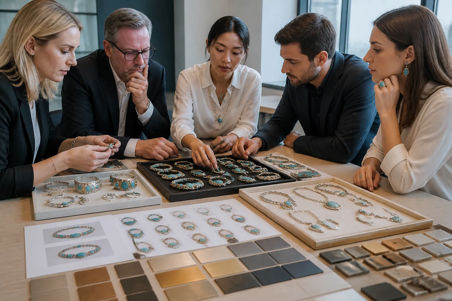 piedra turquesa - Foto editorial de un equipo de compra B2B revisando muestras físicas de joyería con piedra turquesa en una mesa de trabajo, con fichas técnicas impresas, muestras de acabados metálicos y piezas de referencia comparadas lado a lado