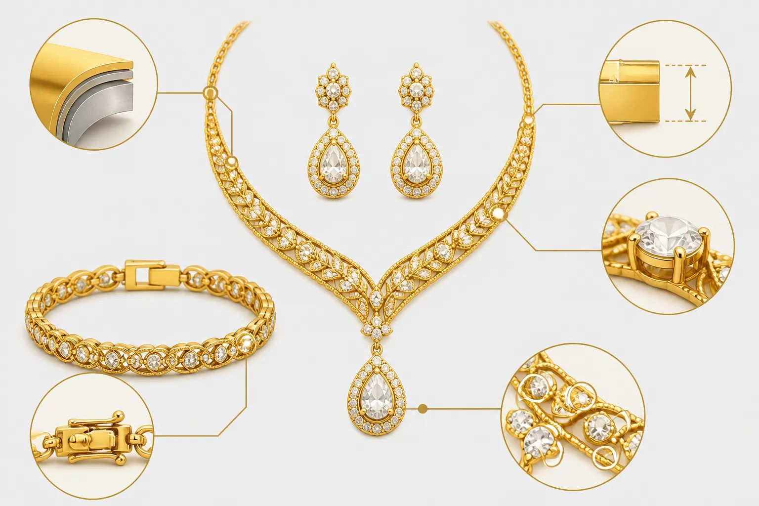 parure en or - Schéma annoté d'une parure en or avec légendes techniques : métal de base, épaisseur de placage, type de pierre, fermoir et points de contrôle qualité, style infographie pédagogique pour acheteurs B2B
