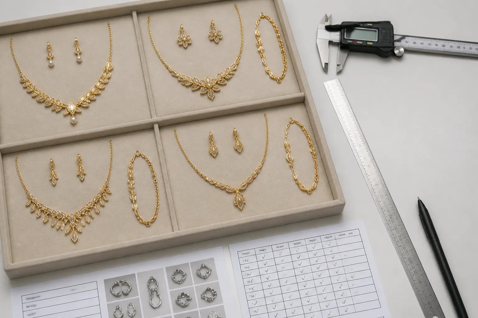 parure en or - Photo d'un plateau d'inspection qualité montrant plusieurs parures en or en cuivre plaqué disposées sur fond blanc neutre, avec instruments de mesure et fiches de contrôle visibles, illustrant le processus QC avant expédition