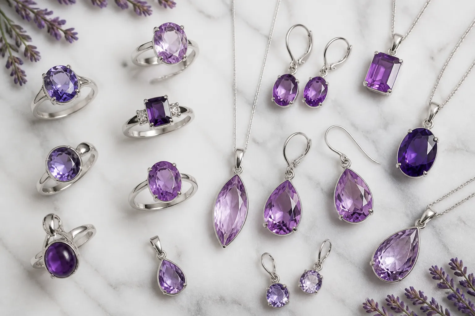 piedra amatista - Colección de piezas de joyería con piedra amatista natural — anillos, pendientes y collares sobre fondo de mármol blanco, mostrando la gama de tonos morados desde lavanda hasta violeta profundo