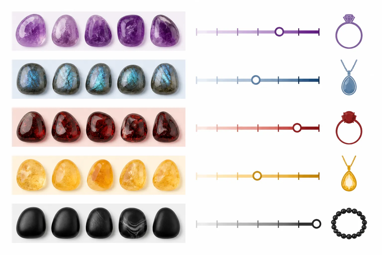 piedra amatista - Diagrama comparativo de tipos de piedras semipreciosas — amatista, labradorita, granate, citrino y ónix — con sus rangos de dureza, color y uso habitual en joyería de moda