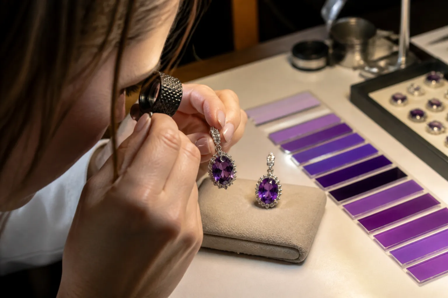 piedra amatista - Proceso visual de control de calidad en taller de joyería — inspector examinando pendientes con piedra amatista bajo lupa, con fichas de referencia de color morado al lado