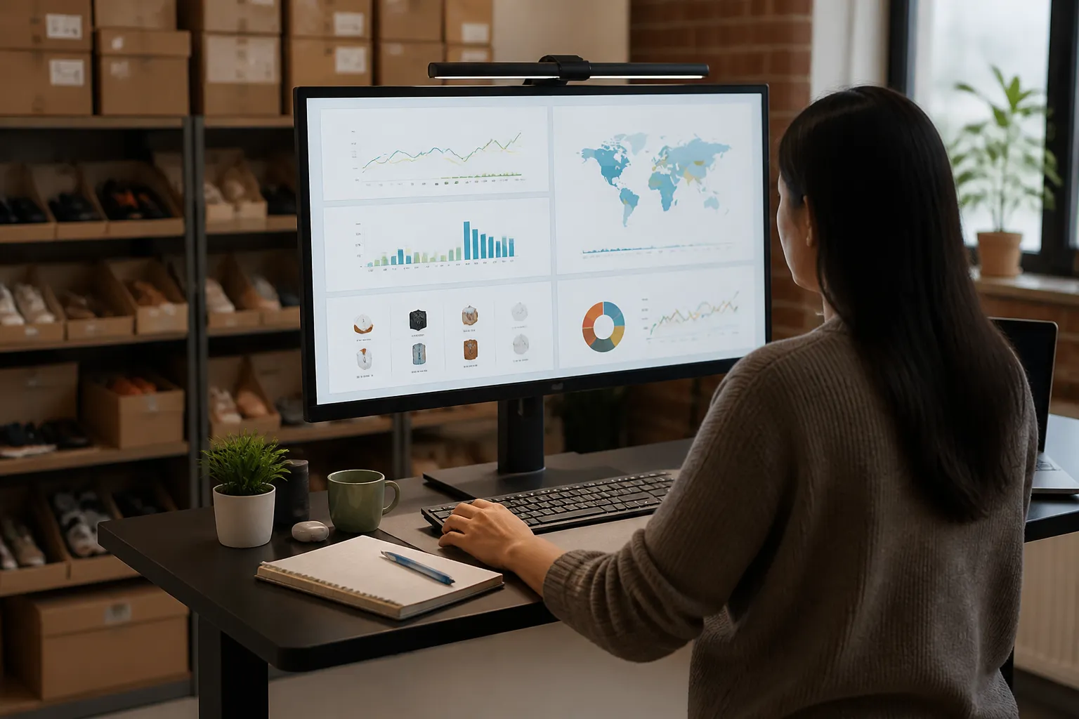 ecommerce services - Photorealistic over-the-shoulder shot of a sourcing buyer at a standing desk reviewing a multi-panel ecommerce analytics dashboard on a widescreen monitor, warm ambient office light, product samples in boxes visible on shelving in the background, documentary photography style, no text overlays