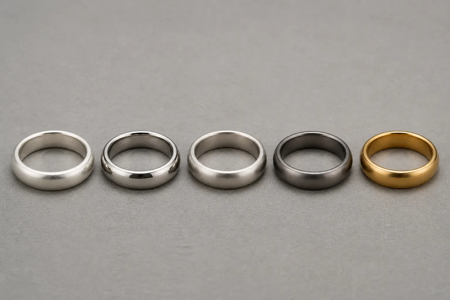verlobungsringe silber - Seitenansicht verschiedener Ringmaterialien nebeneinander – Silber, Weißgold, Platin, Titan und vergoldetes Kupfer – auf neutralem Hintergrund mit Materialbeschriftungen zur Härteskala und Anlaufresistenz