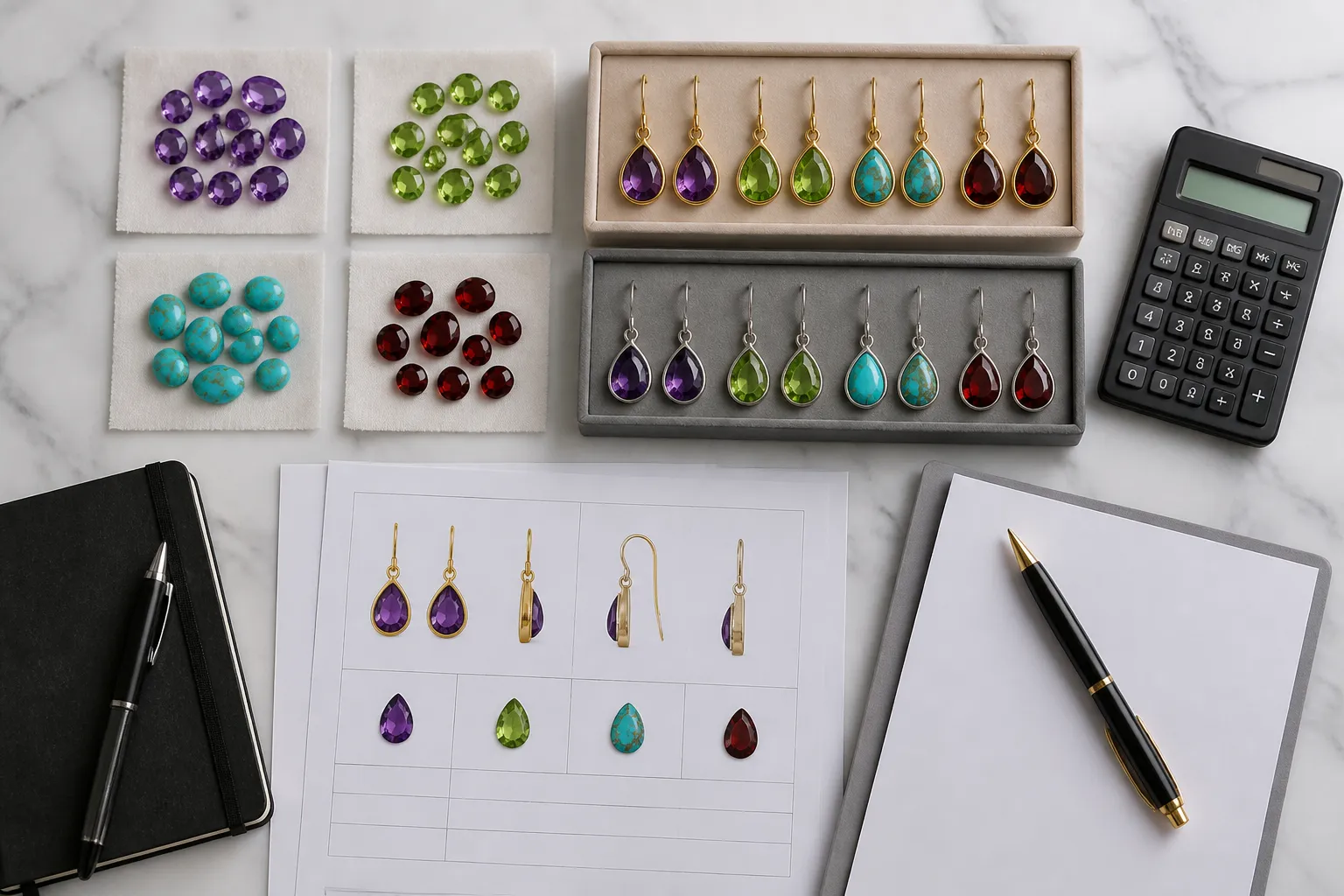 custom jewelry - Editorial flat-lay of a jewelry procurement evaluation setup — gemstone swatches in amethyst, peridot, turquoise, and garnet alongside a sample drop earring pair in gold-plated and rhodium-plated finishes, a spec sheet, and payment terms document — illustrating the OEM sourcing evaluation process