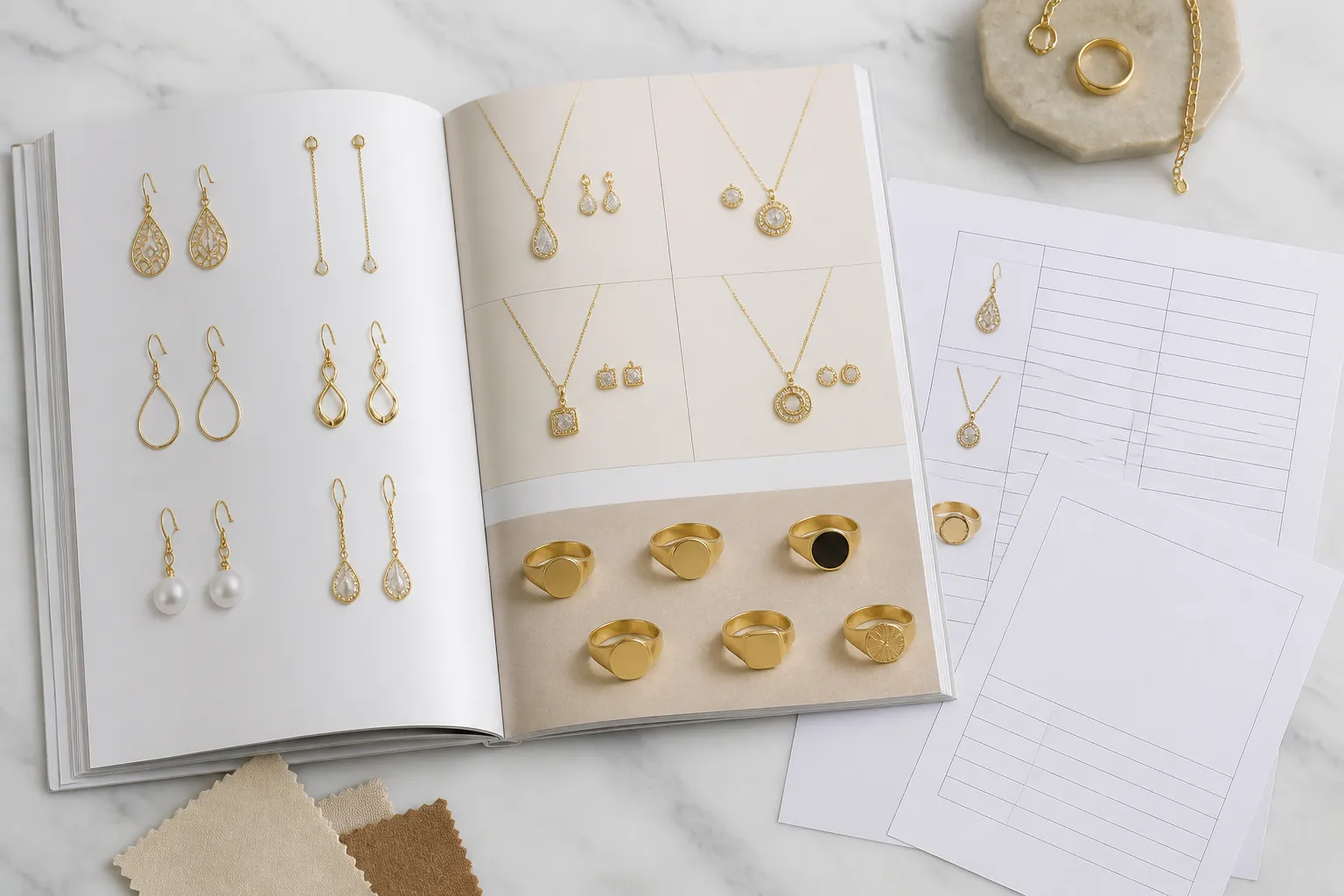 poinçon plaqué or - Vue d'un catalogue professionnel de bijoux plaqués or ouvert sur une table — boucles d'oreille drop, sets collier-boucles, chevalière — avec un formulaire de demande d'échantillon et des fiches techniques lisibles