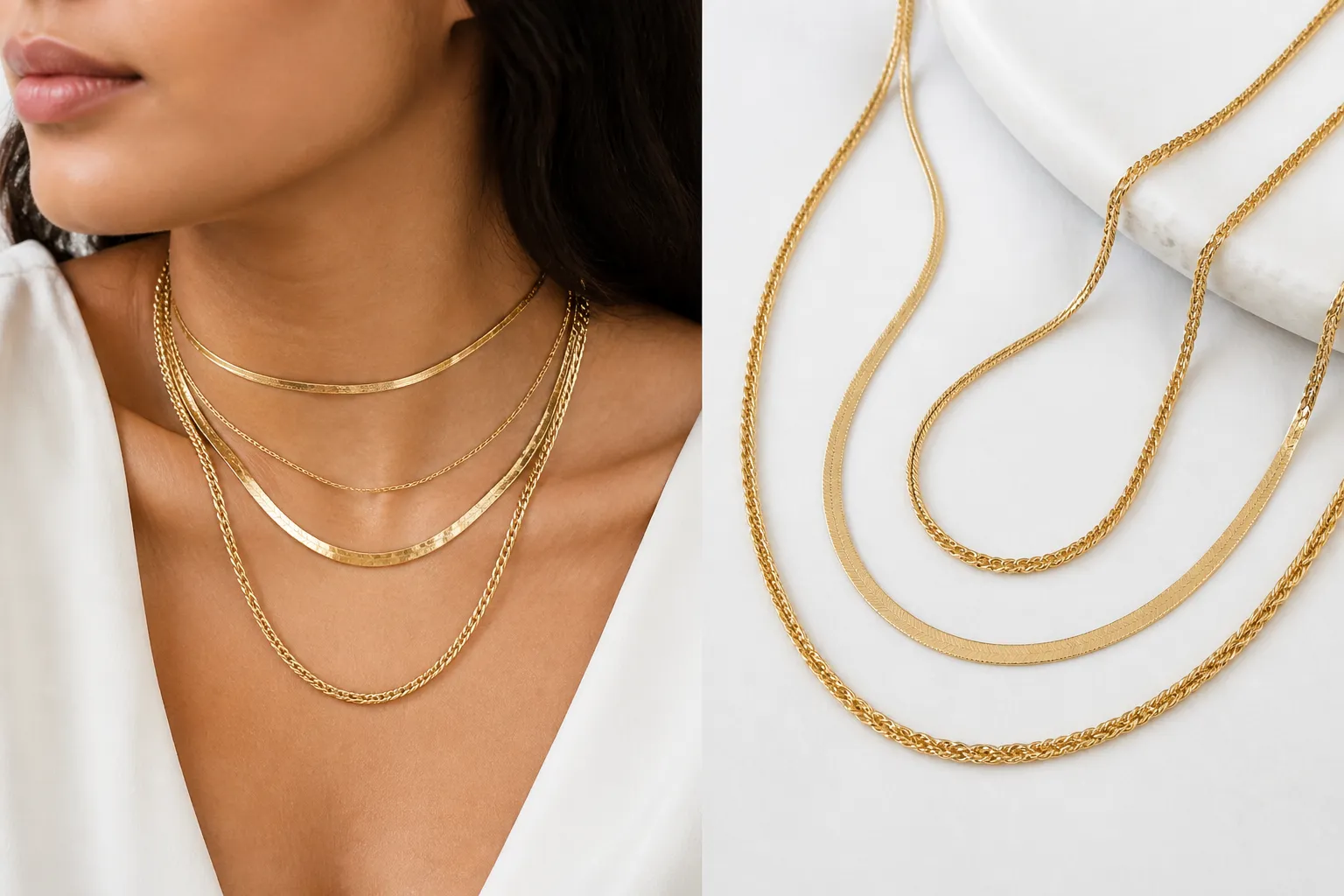 collar oro mujer - Fotografía editorial de mujer llevando collar de oro sobre fondo blanco neutro, mostrando diferentes longitudes de cadena y acabados dorados
