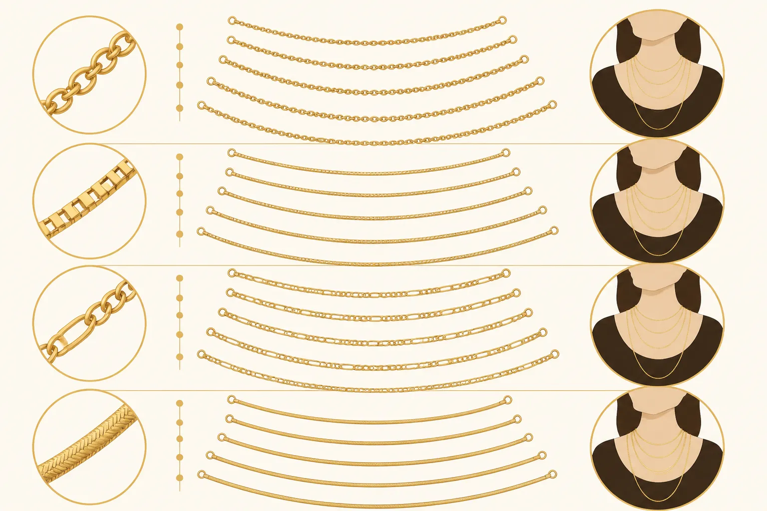 collar oro mujer - Diagrama comparativo que muestra diferentes tipos de cadenas para collar de mujer (rolo, veneciana, Figaro, serpentina) con medidas de longitud y usos recomendados