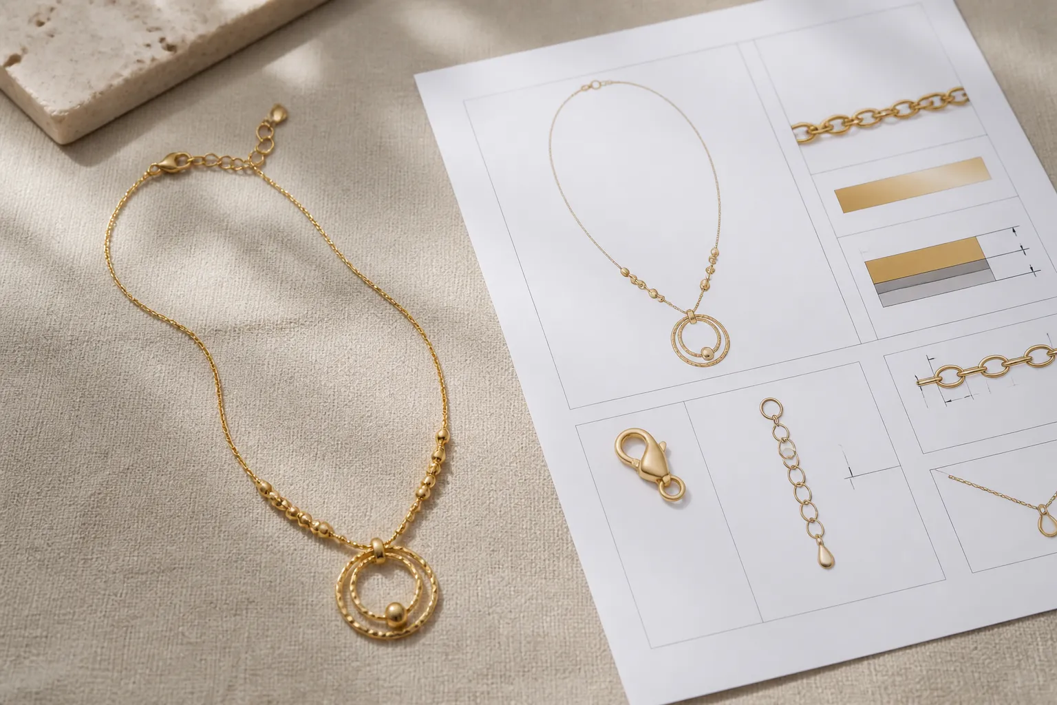 collar oro mujer - Foto de muestra física de collar de oro chapado junto a ficha técnica con especificaciones de material, micronaje y cierre — contexto de evaluación de proveedor B2B