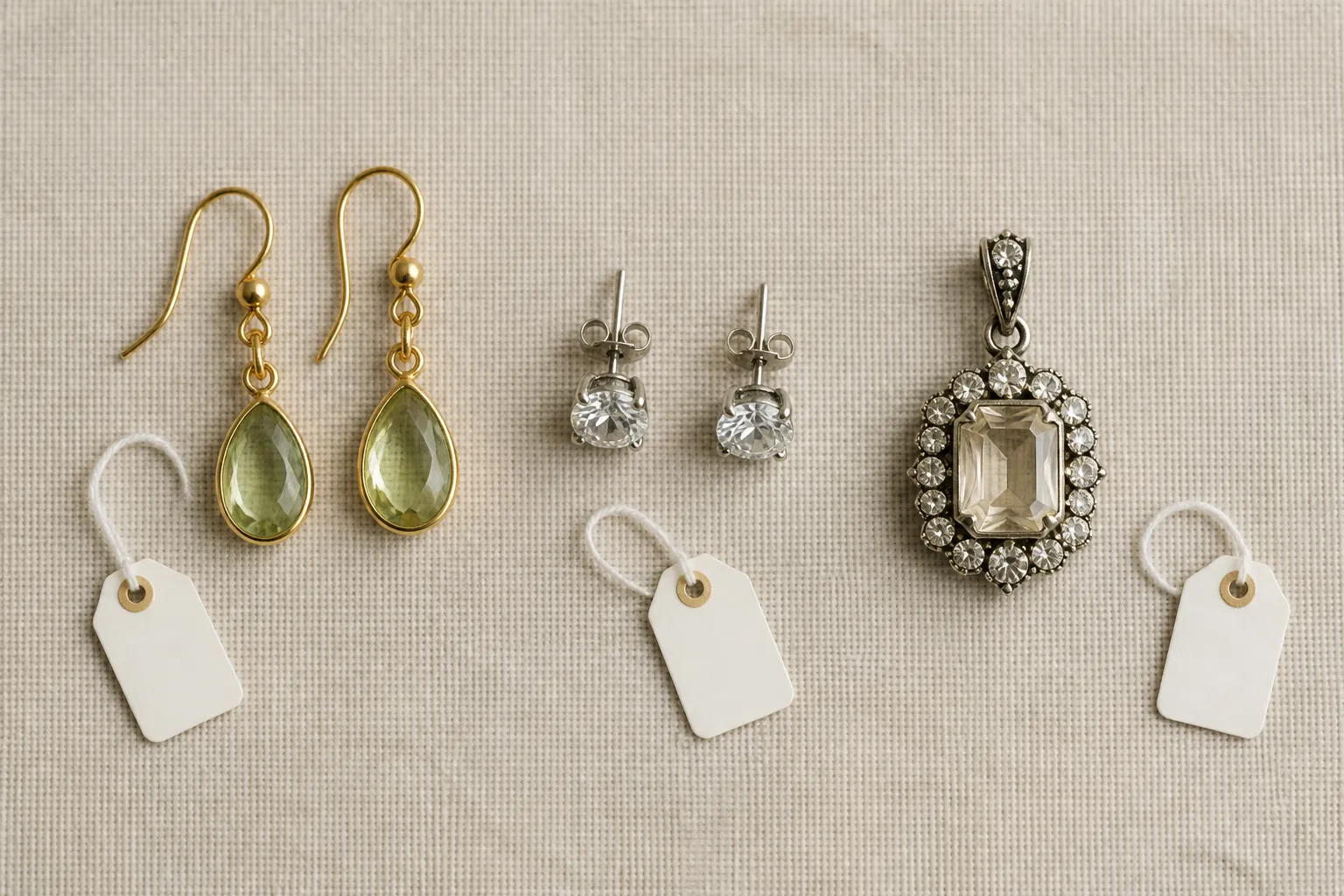 925 silber preis - Flatlayaufnahme eines Schmuck-Sortiments — vergoldete Drop Earrings, rhodinierte Ohrstecker und ein Vintage-Kristall-Collier-Set nebeneinander, mit Materialetikett und Preisvergleichsschild — zeigt die visuellen Unterschiede zwischen Silber-Optik-Varianten