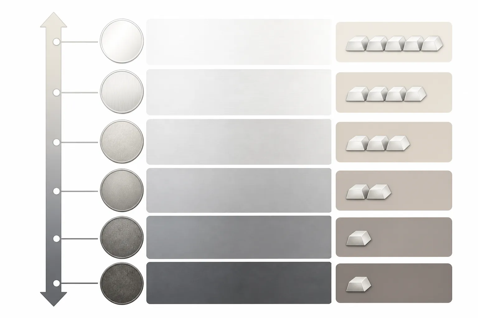 925 silber preis - Informationsdiagramm — vertikale Skala mit Silber-Legierungsgraden (333 bis 999) auf der linken Seite, auf der rechten Seite die Ankaufpreise pro Gramm vom 06.08.2026 — veranschaulicht den direkten Zusammenhang zwischen Reinheitsgrad und Marktwert