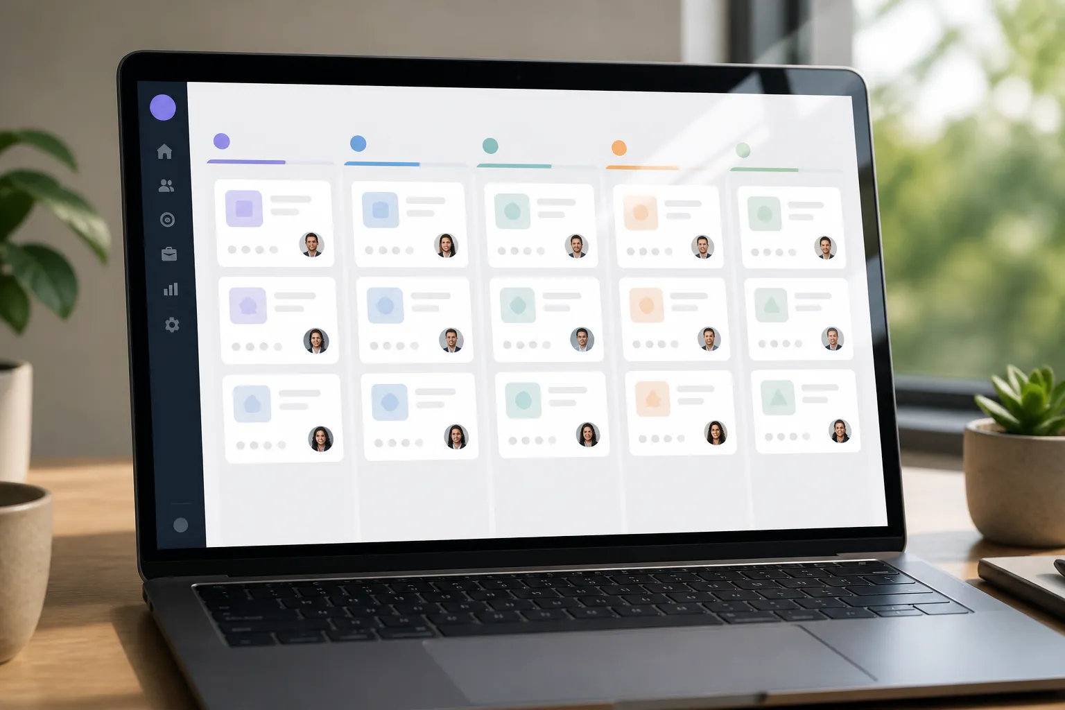 b2b 线索获取 - MacBook 屏幕上的 B2B 线索管理 SaaS 平台 UI 标注图，显示看板式漏斗，列标题分别为 MQL、培育、SQL、已安排演示、赢单；每张卡片显示公司 Logo 占位符、交易金额和联系人姓名；柔和的自然光反射在屏幕表面
