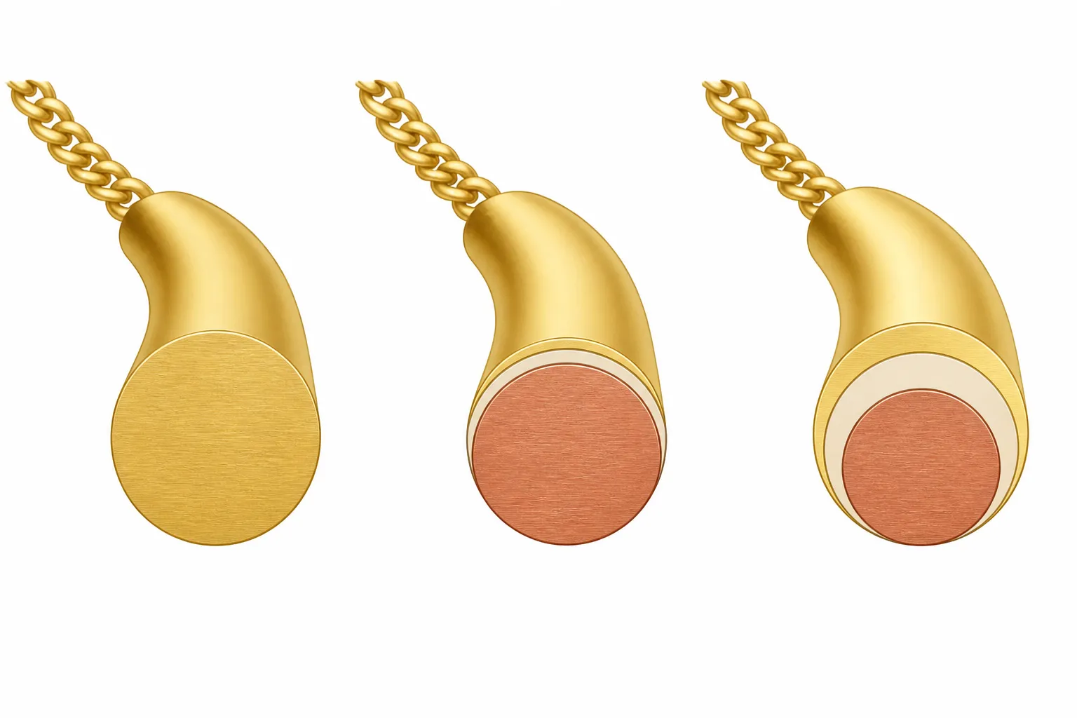 collier en or - Tableau comparatif annoté montrant les différences visuelles entre un collier en or massif 18 carats, un collier plaqué or 2,5 microns et un collier gold-filled, avec étiquettes indiquant l'épaisseur de chaque couche et le coût relatif