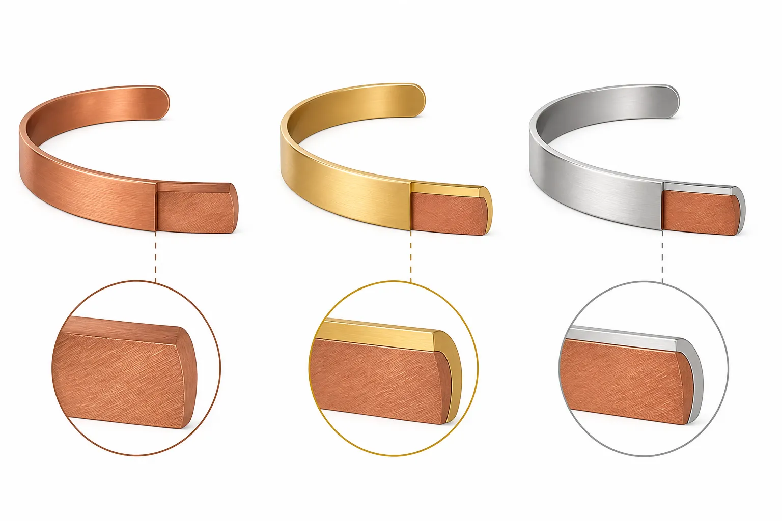 pulsera de cobre - Diagrama comparativo de tres acabados de pulsera de cobre — cobre puro sin tratar, chapado en oro 18K y chapado en rodio — con indicaciones visuales del grosor de baño y durabilidad estimada en meses de uso