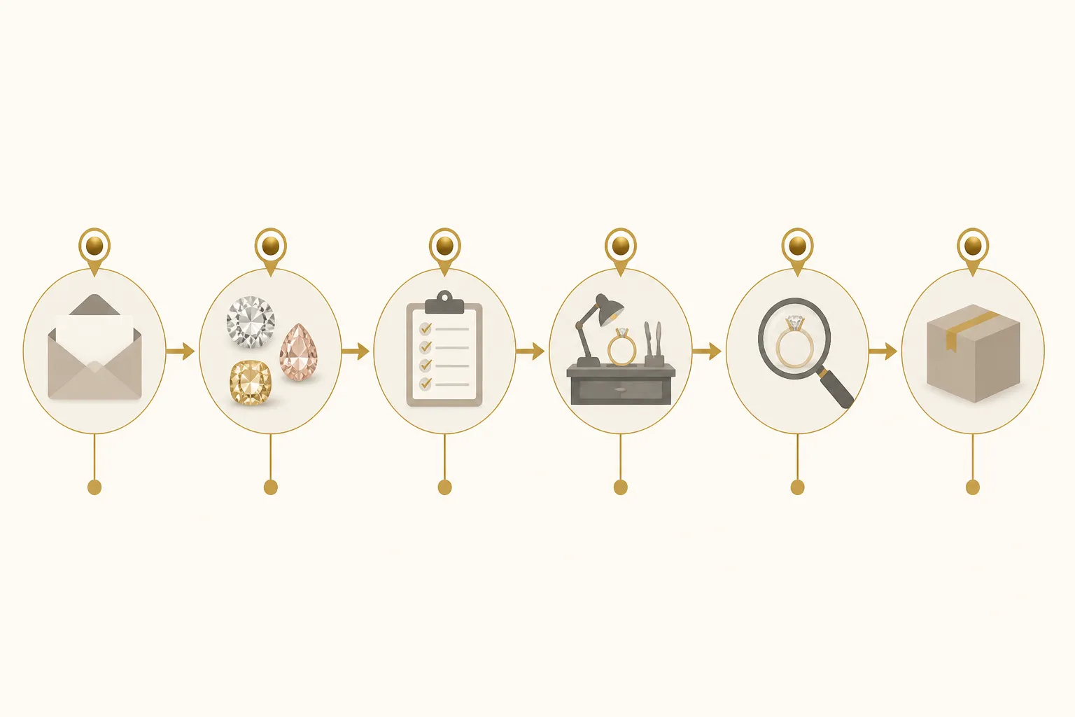 custom jewelry - Informational flow diagram showing the OEM custom jewelry procurement process: inquiry → sampling → spec confirmation → production → QC inspection → shipping — with STRAND's touchpoints labeled at each stage