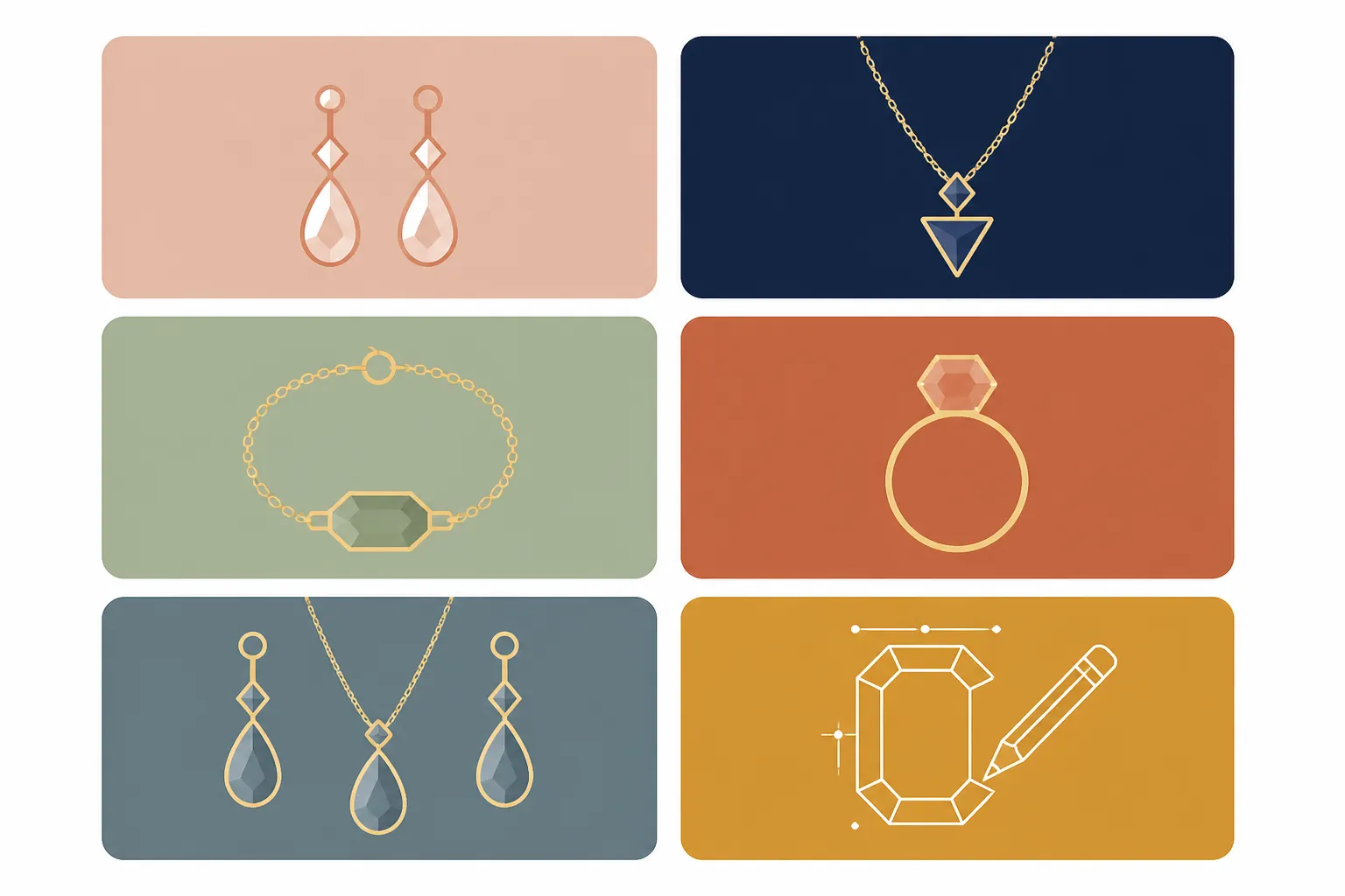boutique bijoux - Clean flat-design diagram showing six jewelry product categories — boucles d'oreilles, colliers, bracelets, bagues, sets coordonnés, and OEM personnalisé — each in a distinct color zone with a simple geometric icon, arranged in a two-column grid on white background, French labels below each icon, no decorative elements