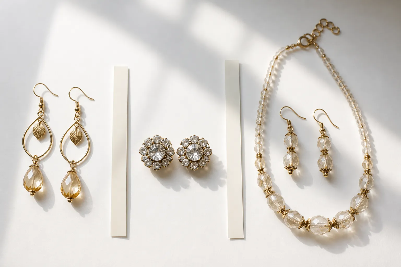 boutique bijoux - Editorial top-down flat-lay photograph on a clean white surface — three groups of jewelry: gold-plated drop earrings, rhinestone studs and a crystal bead necklace-earring set, each group separated with a thin strip of neutral card, natural side window lighting creating soft shadows, no text overlays or branding