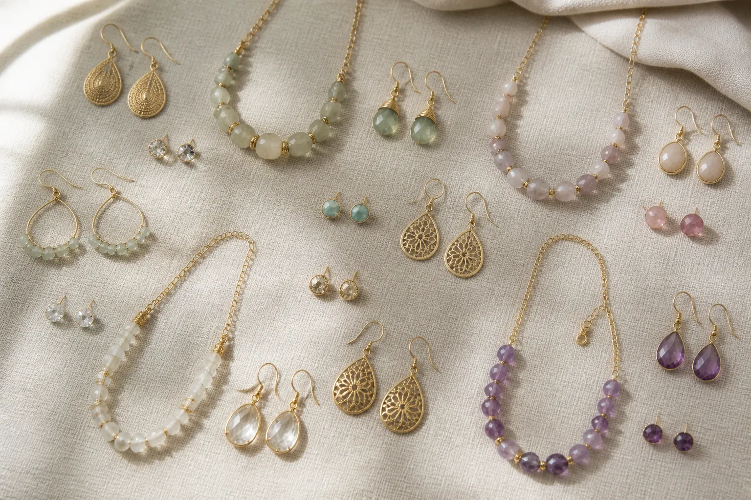 custom jewelry - Editorial flat-lay photograph showing a selection of gold-plated drop earrings, rhinestone studs, and glass-bead necklace sets arranged by style category on a neutral linen surface, representing a multi-SKU fashion jewelry catalog