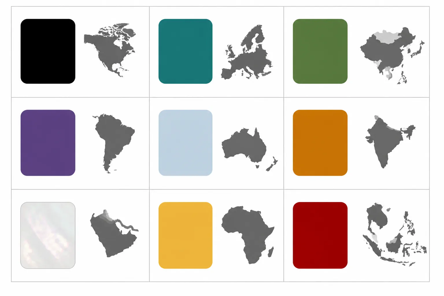 collar con piedra natural - Diagrama informativo de diseño plano (flat design) con fondo blanco organizado en cuadrícula de 3×3 celdas, cada una con el nombre de una piedra natural, un bloque del color representativo de esa gema, y una etiqueta de "mercado objetivo" con icono geográfico simple — onix (Europa/NA), turquesa (MENA/SW USA), jade (Asia), amatista (UK/USA wellness), aguamarina (Europa primavera), ambar (Escandinavia/MENA), opalo (global DTC), citrino (LATAM/invierno), granate (vintage/global) — líneas delgadas grises, tipografía sans-serif clara
