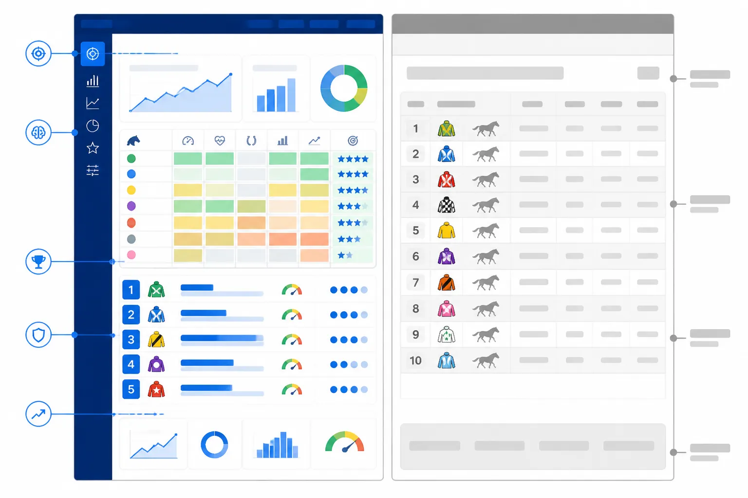 pronostic en or - Capture d'écran annotée comparant visuellement une page de résultat 'Base Quinté en Or' avec tableau de rentabilité versus une interface standard de liste de partants type Equidia
