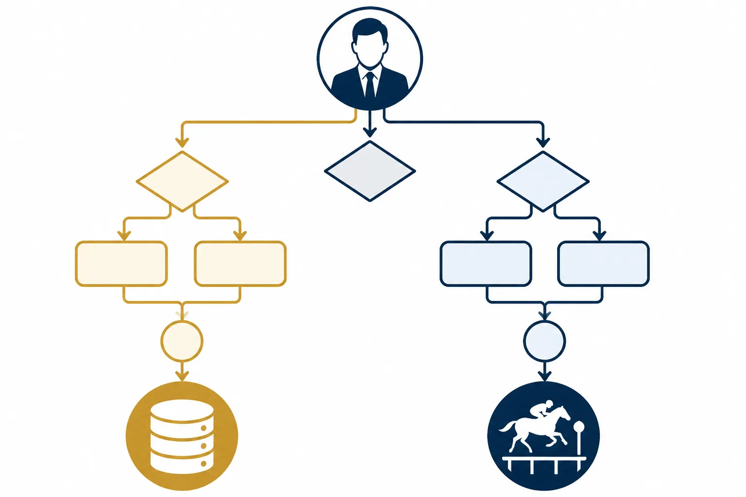 pronostic en or - Diagramme décisionnel montrant le flux de choix d'un parieur professionnel entre consulter la 'Base en Or' pour valider une base ou utiliser Equidia pour sourcer des outsiders