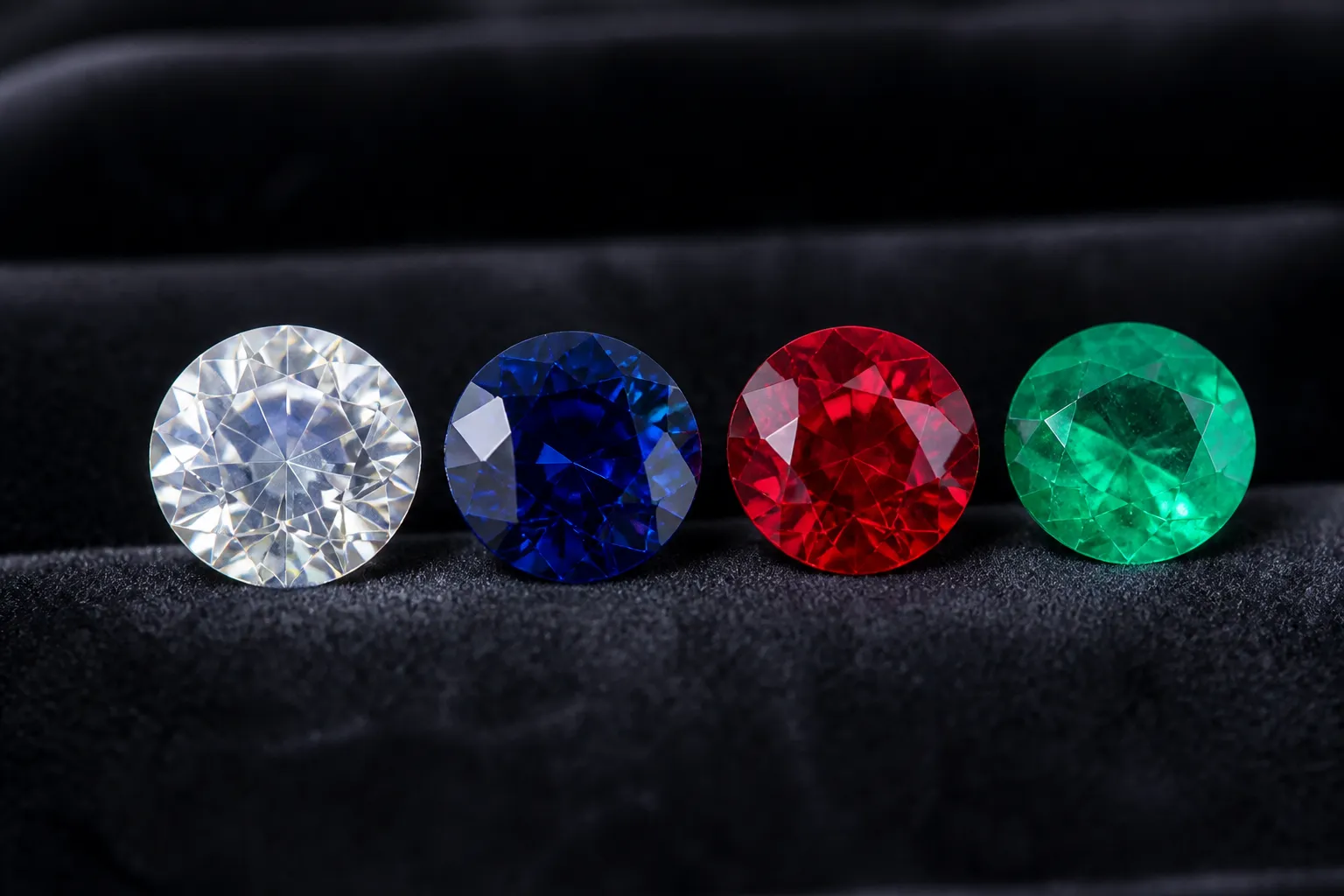 pierre précieuse - Photorealistic close-up of four gemstones arranged in a row on a dark jeweler's velvet tray — a round-cut diamond, a deep blue sapphire, a pigeon-blood ruby, and a green emerald — each showing distinct facets and light refraction, macro lens, studio diffused lighting with no text overlays