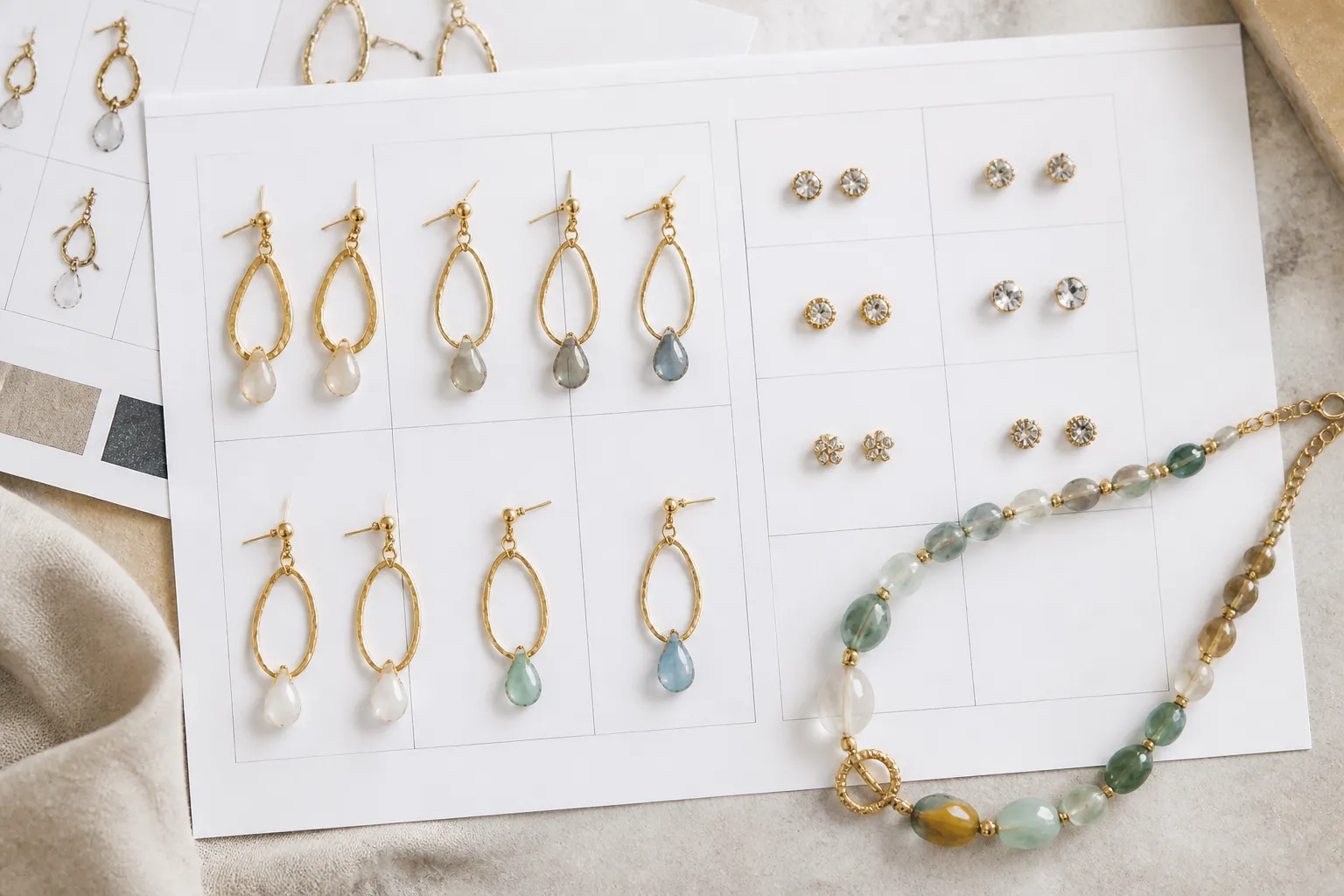 custom jewelry - Flatlay editorial photo of a B2B jewelry sample set — gold-plated drop earrings, rhinestone studs, and a glass bead necklace arranged on a matte procurement comparison sheet with unit pricing and MOQ annotations