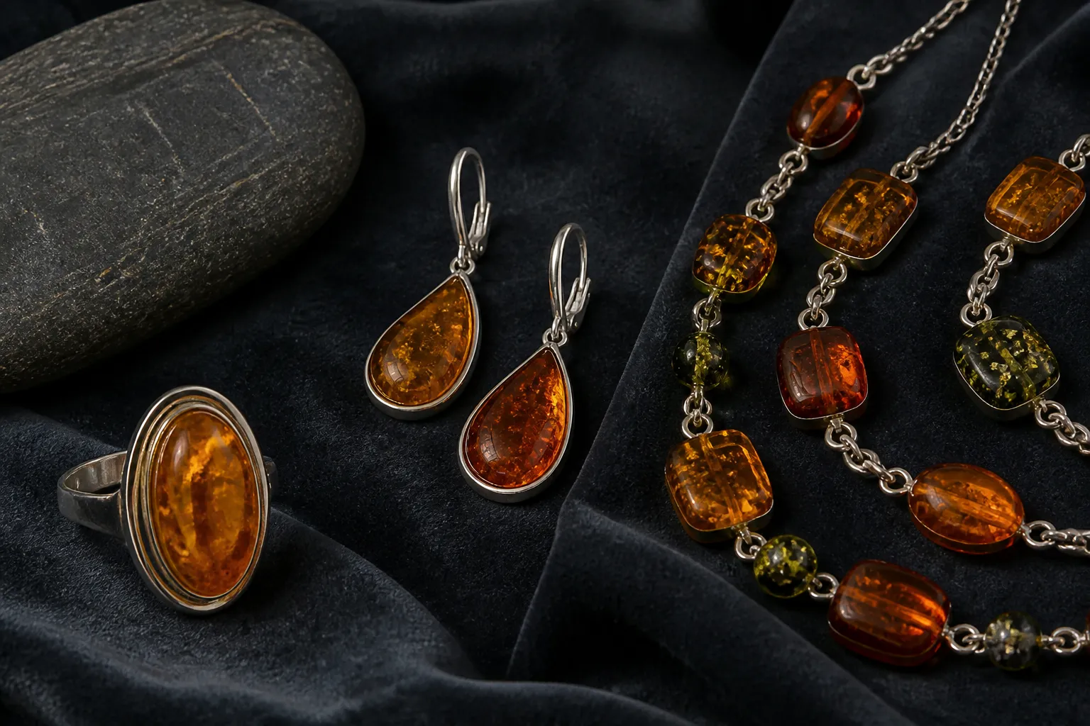 ambar piedra - Fotografía editorial de varias piezas de joyería de ámbar natural en tonos miel, cognac y verde sobre fondo de terciopelo oscuro, mostrando anillo, pendientes de gota y collar combinados con plata, con etiquetas que indican cada variedad de color