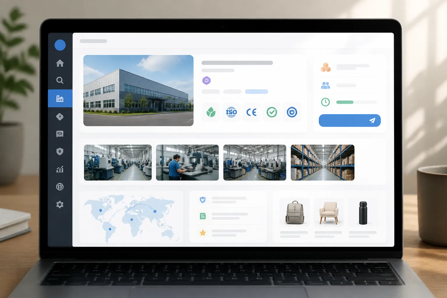 B2B案例 - MacBook屏幕上显示的现代跨境B2B供应商平台UI界面原型,展示工厂资料卡,包含MOQ字段(“最小起订量500件”)、认证徽章(ISO 9001, CE)、交货期指示器(“28天”)及右上角的RFQ按钮,简洁的仪表盘布局,柔和的日光屏幕反光
