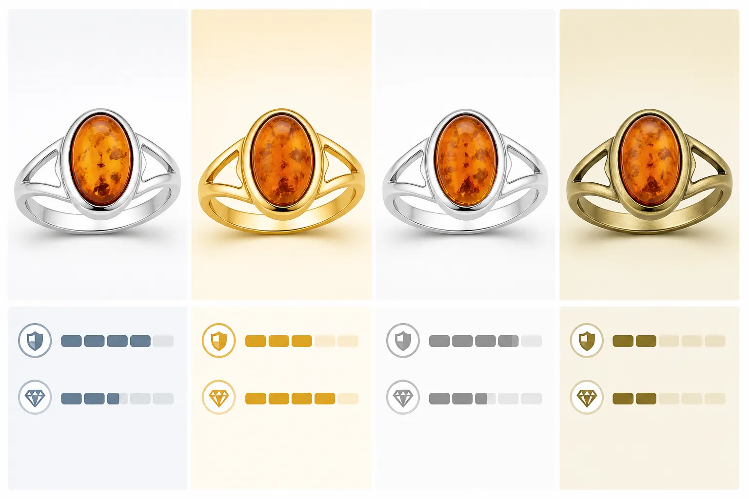 ambar piedra - Diagrama informativo que compara los cuatro acabados metálicos más comunes en joyería de ámbar —plata 925, cobre bañado en oro, cobre bañado en rodio y latón sin baño— con indicadores visuales de durabilidad estimada y rango de precio relativo por acabado