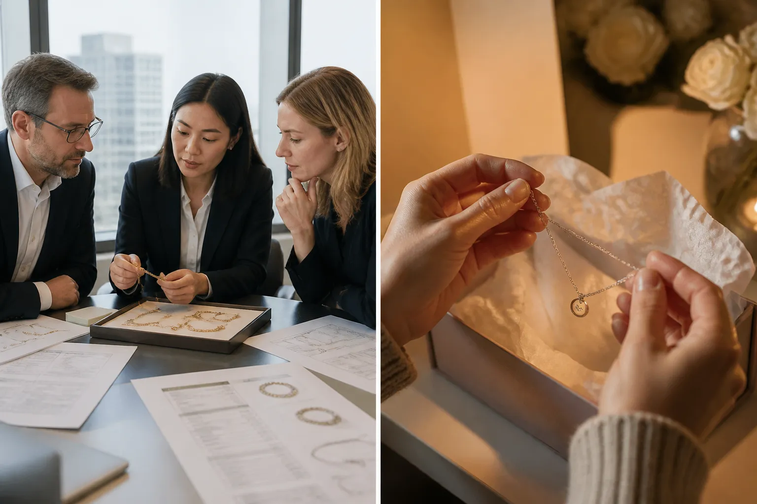 custom jewelry - Side-by-side editorial photo comparing two jewelry buying scenarios — left: a B2B procurement team reviewing a sample jewelry set with MOQ and spec sheets; right: a consumer unboxing a personalized necklace with gift wrapping — illustrating the different end uses for OEM vs retail personalization
