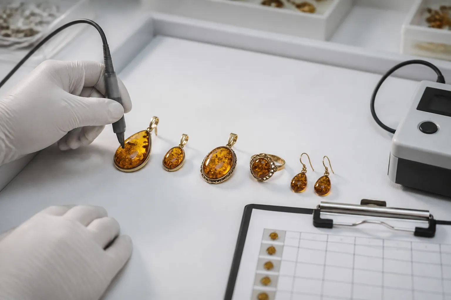 ambar piedra - Fotografía de proceso en sala de control de calidad: varias piezas de joyería de ámbar alineadas sobre superficie blanca para inspección visual, con herramientas de medición de espesor de baño y formulario de verificación de lote en primer plano