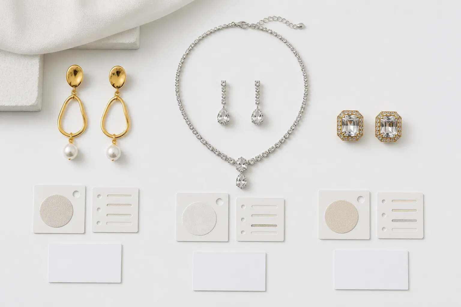 custom jewelry - Side-by-side flat-lay comparison of OEM jewelry samples — gold-plated drop earrings, rhinestone necklace sets, and vintage crystal studs on a white surface with MOQ and material specification labels annotated