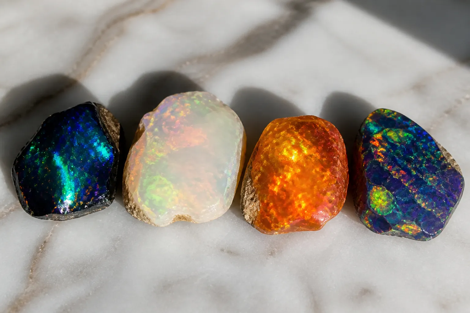 opalo piedra - Fotografía editorial de cuatro variedades de ópalo piedra —negro, blanco, fuego y arlequín— dispuestas sobre mármol blanco, mostrando el juego de colores iridiscentes característico de cada variedad con iluminación lateral