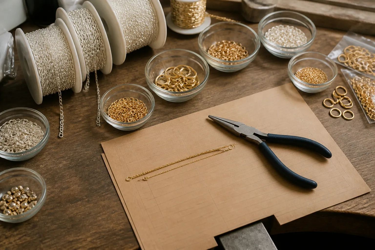 wholesale jewelry craft supplies - Photorealistic overhead shot of a professional jewelry maker's workbench — sterling silver chain spools, gold-filled jump rings sorted by gauge in small glass dishes, a pair of flat-nose pliers, and a kraft-paper order form partially filled out, warm workshop lighting, shallow depth of field, documentary photography style
