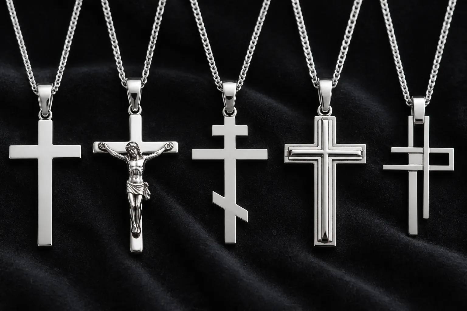 kreuz kette silber - Fotorealistische Szene – fünf kreuz kette silber Varianten nebeneinander auf dunklem Velourhintergrund: schlichtes Balkenkreuz, Korpus-Kreuz, orthodoxes Dreistab-Kreuz, rhodiniertes Herrenmodell und moderner geometrischer Designeranhänger – als visueller Stilvergleich