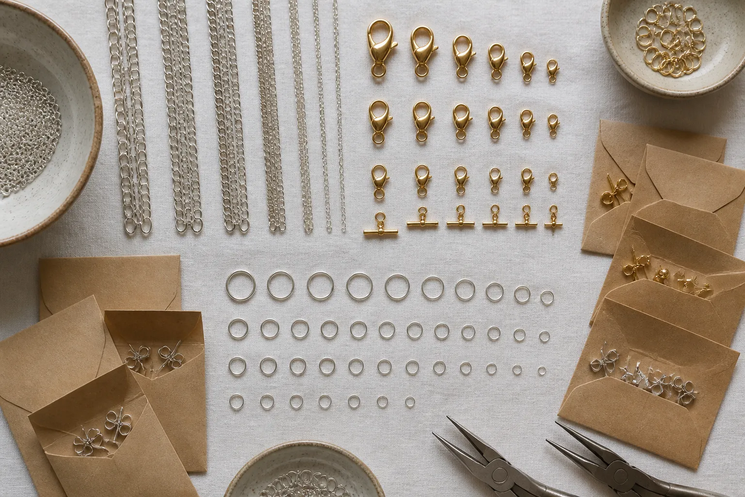 jewellery wholesale supplies - Photorealistic flat-lay of a professional jewellery workbench with sterling silver chain lengths coiled in neat rows, gold-filled lobster clasps and toggle clasps sorted by size, assorted jump rings in different gauges, and earring post-and-clutch sets in small kraft envelopes, arranged on white linen under balanced neutral studio lighting