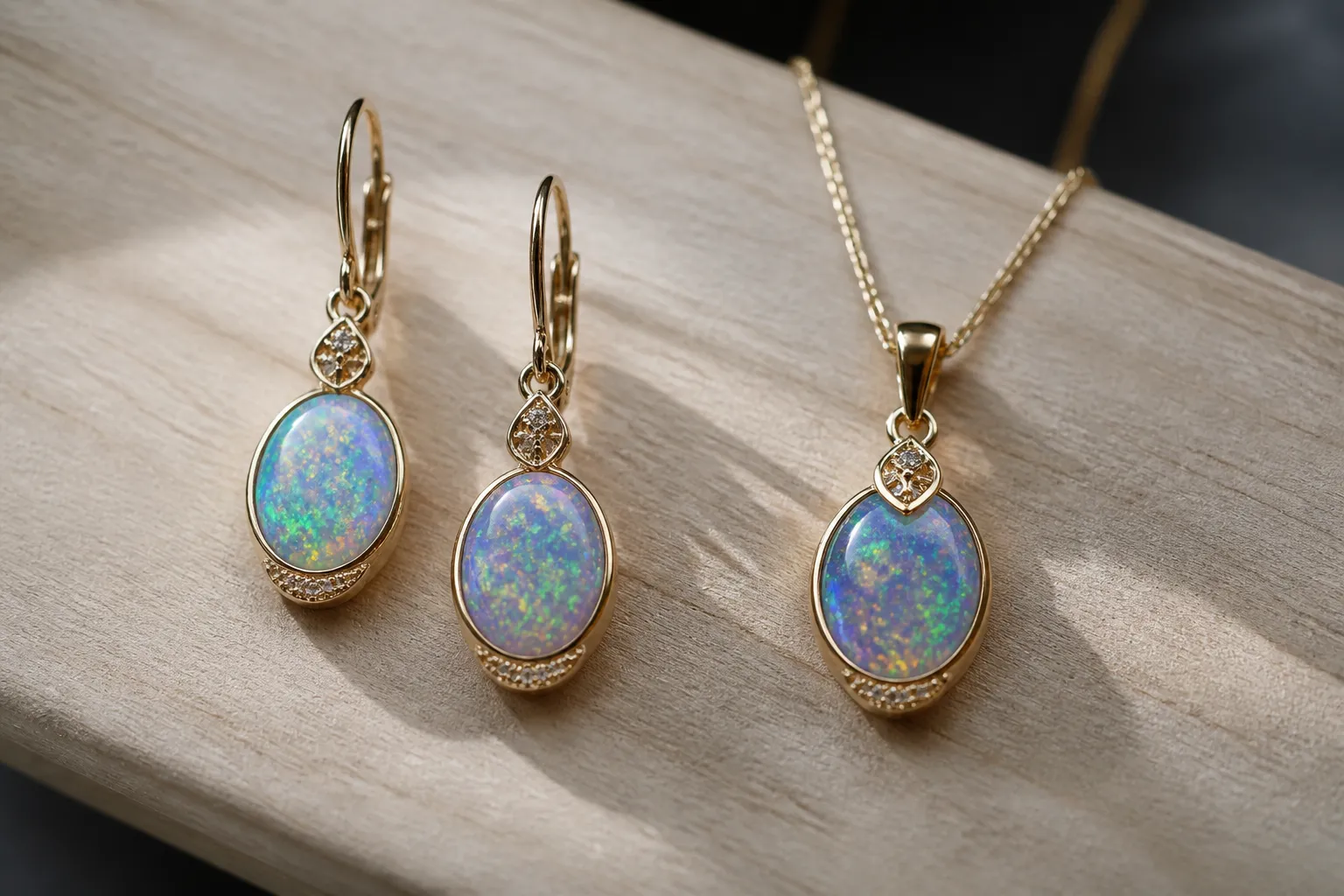 opalo piedra - Fotografía editorial de un set completo de joyería —pendientes de gota y collar a juego— con cristal efecto ópalo multicolor en chapado en oro, sobre superficie de madera clara con iluminación natural que resalta el juego iridiscente de los cristales