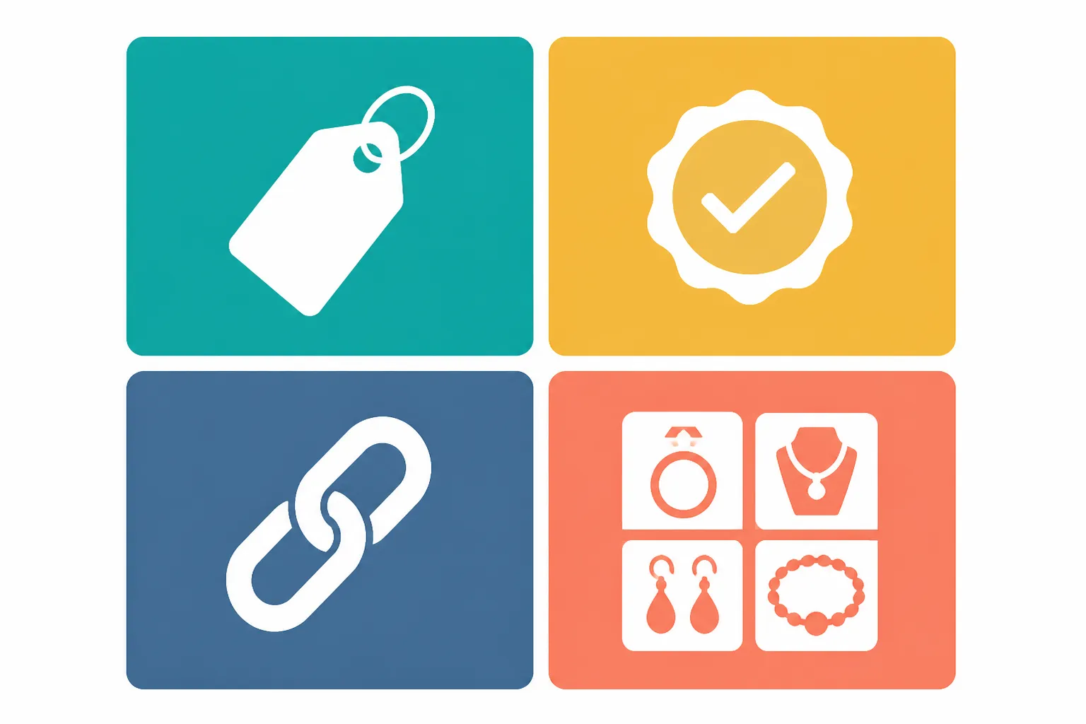 jewellery wholesale supplies - Clean flat-design infographic divided into four colour zones — teal, warm gold, slate blue, and coral — each containing a simple icon and representing one benefit of jewellery wholesale supplies: lower unit cost, consistent batch quality, supply continuity, and access to new product lines. White background, balanced layout, no text labels inside zones