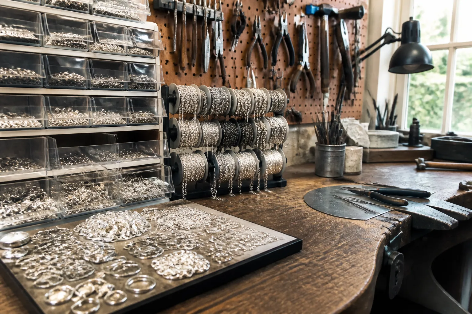 wholesale jewellery making supplies - Photorealistic wide-angle shot of a professional jewellery maker's studio workbench: organized trays of wholesale sterling silver findings on the left, spooled chain in multiple gauges in the centre, hand tools hanging on a pegboard background, natural north-facing window light, documentary photography feel, no text overlays