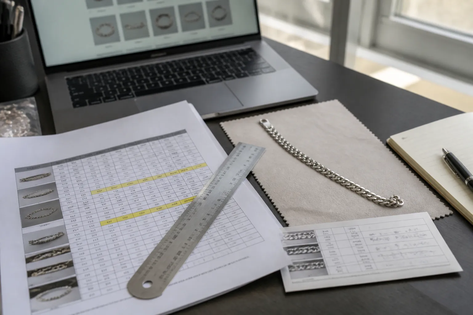 wholesale jewelry craft supplies - Editorial top-down photo of a procurement professional's desk — a printed wholesale quote sheet with highlighted line items, a ruler across a sample of sterling silver chain, a small reference card showing metal specifications, a laptop showing a supplier's product page, natural window light, authentic working environment