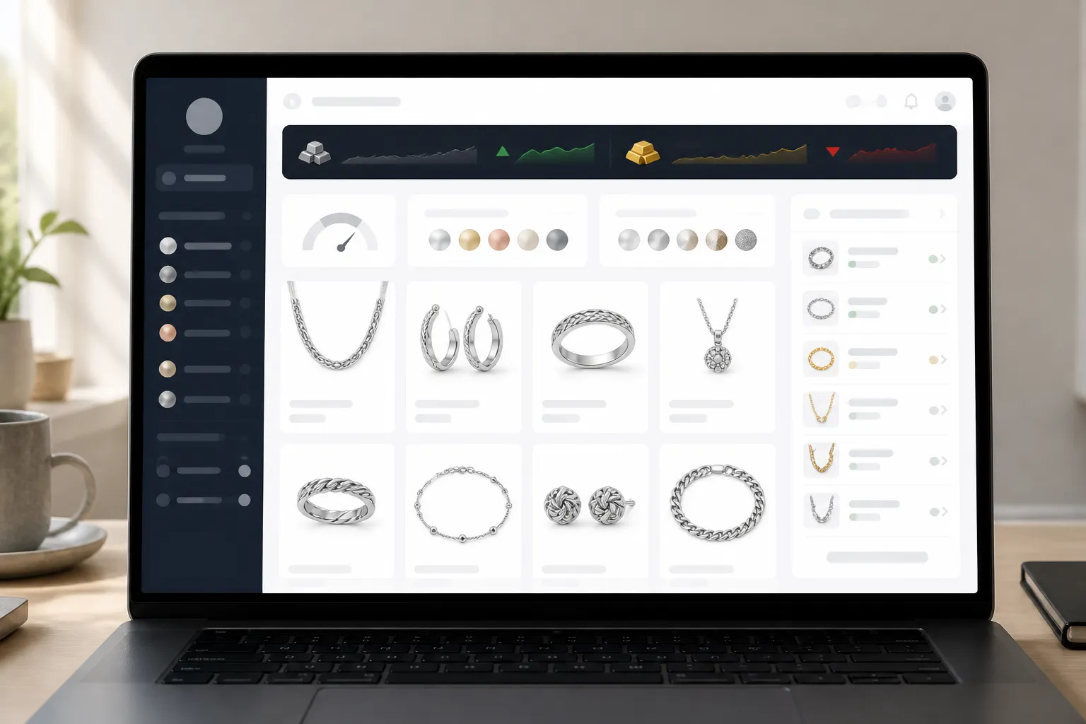 jewellery wholesale supplies - Annotated UI mockup of a B2B jewellery wholesale supplier account dashboard on a laptop screen, showing metal category filters in a left sidebar, a product grid with gauge and finish selectors, a daily silver and gold market price ticker displayed prominently at the top of the interface, and an order history panel on the right — soft daylight from the left side, no visible brand names or logos on screen